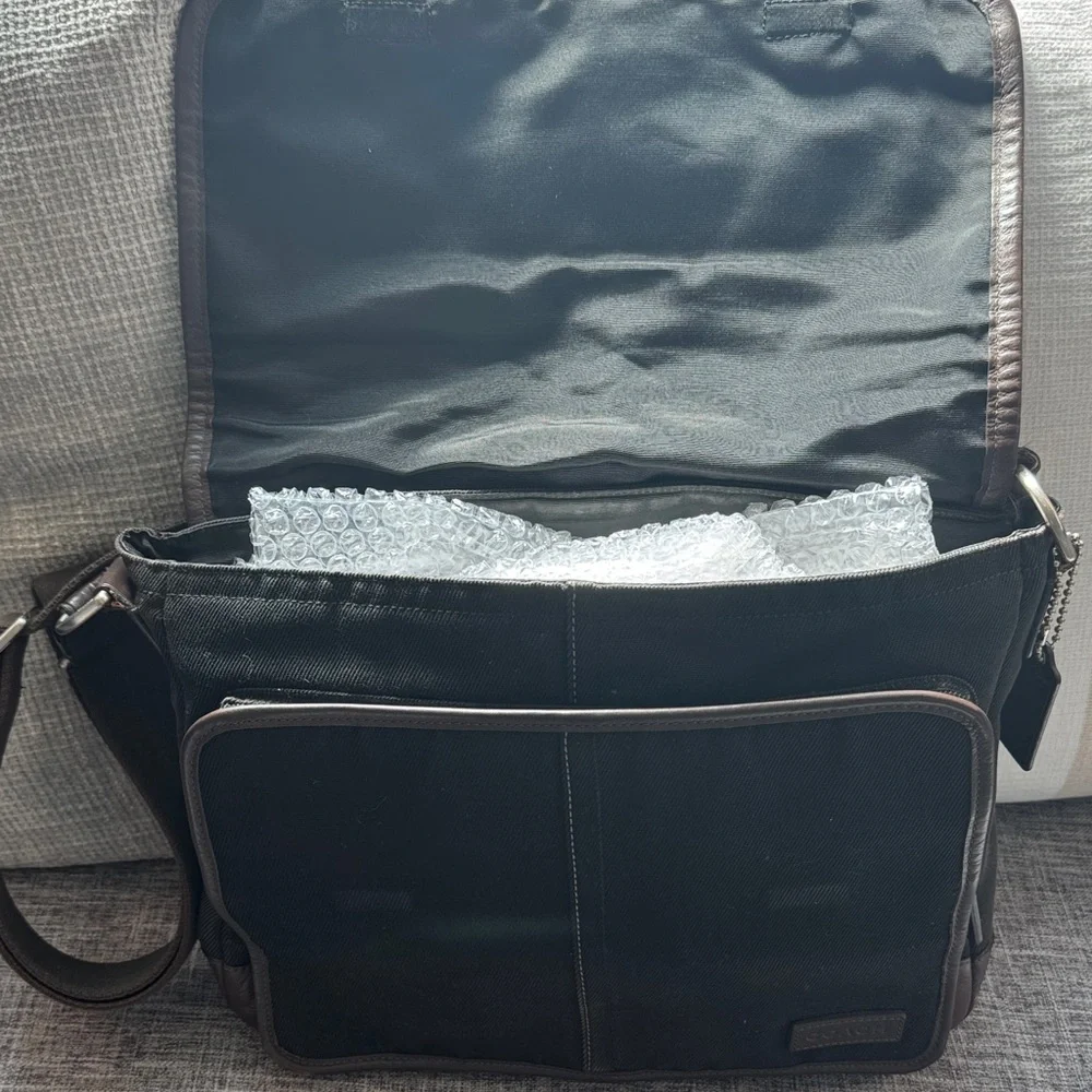 Coach Black Messenger Bag with Brown Leather Trimming & Brown Handle